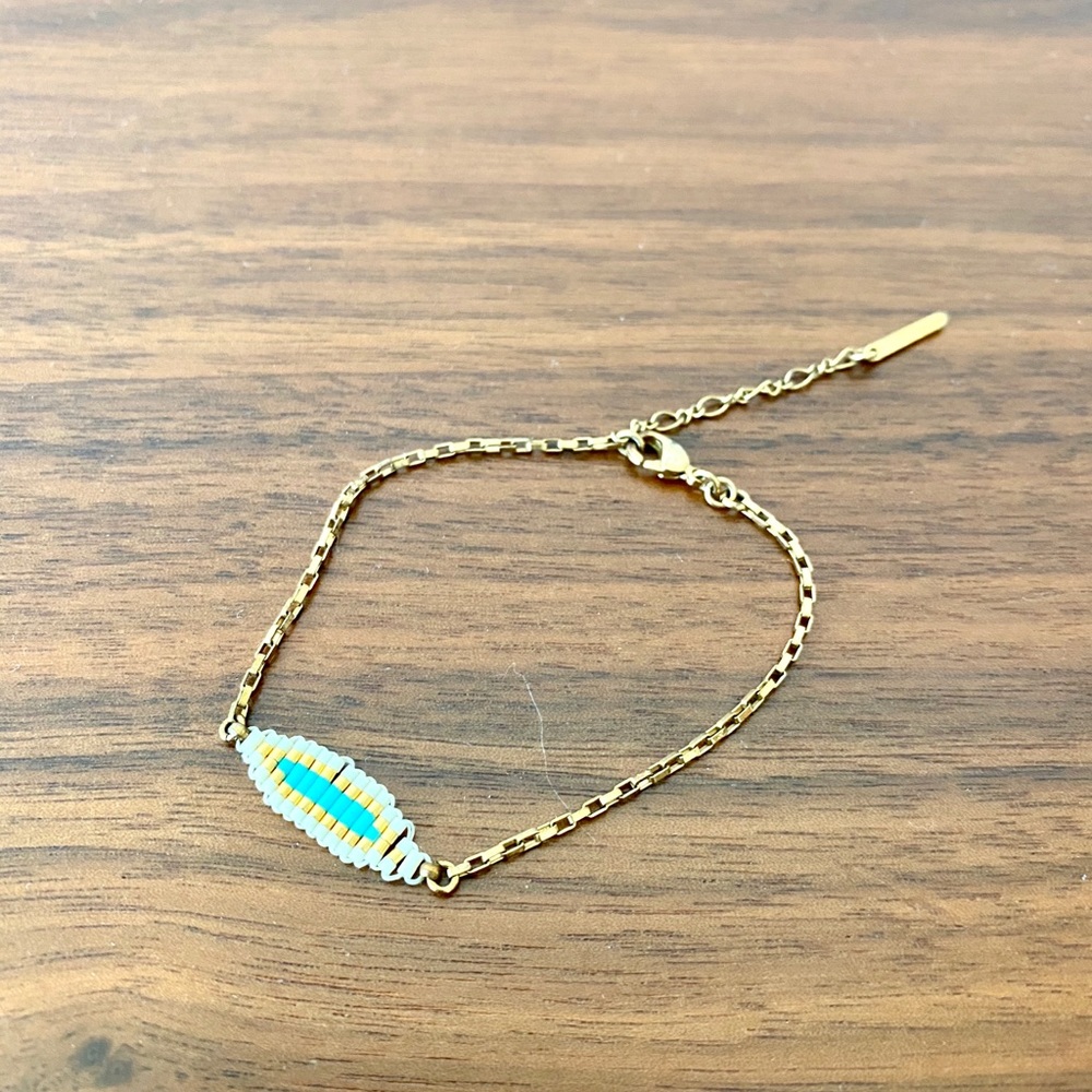 Gold, White & Turquoise Delicate Beaded Bracelet - Picture 2 of 3
